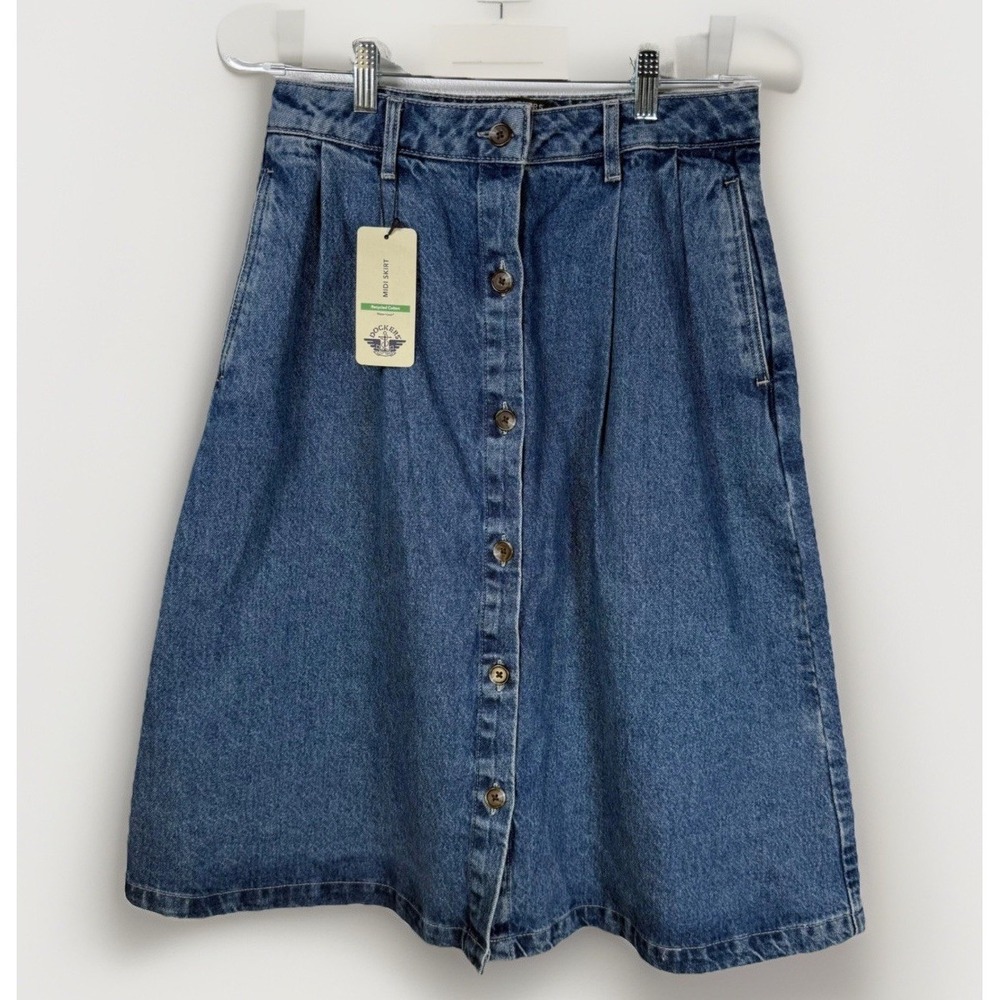 Dockers NWT Denim Midi Skirt Blue Button A-Line Recycled Cotton 28 in Waist‎